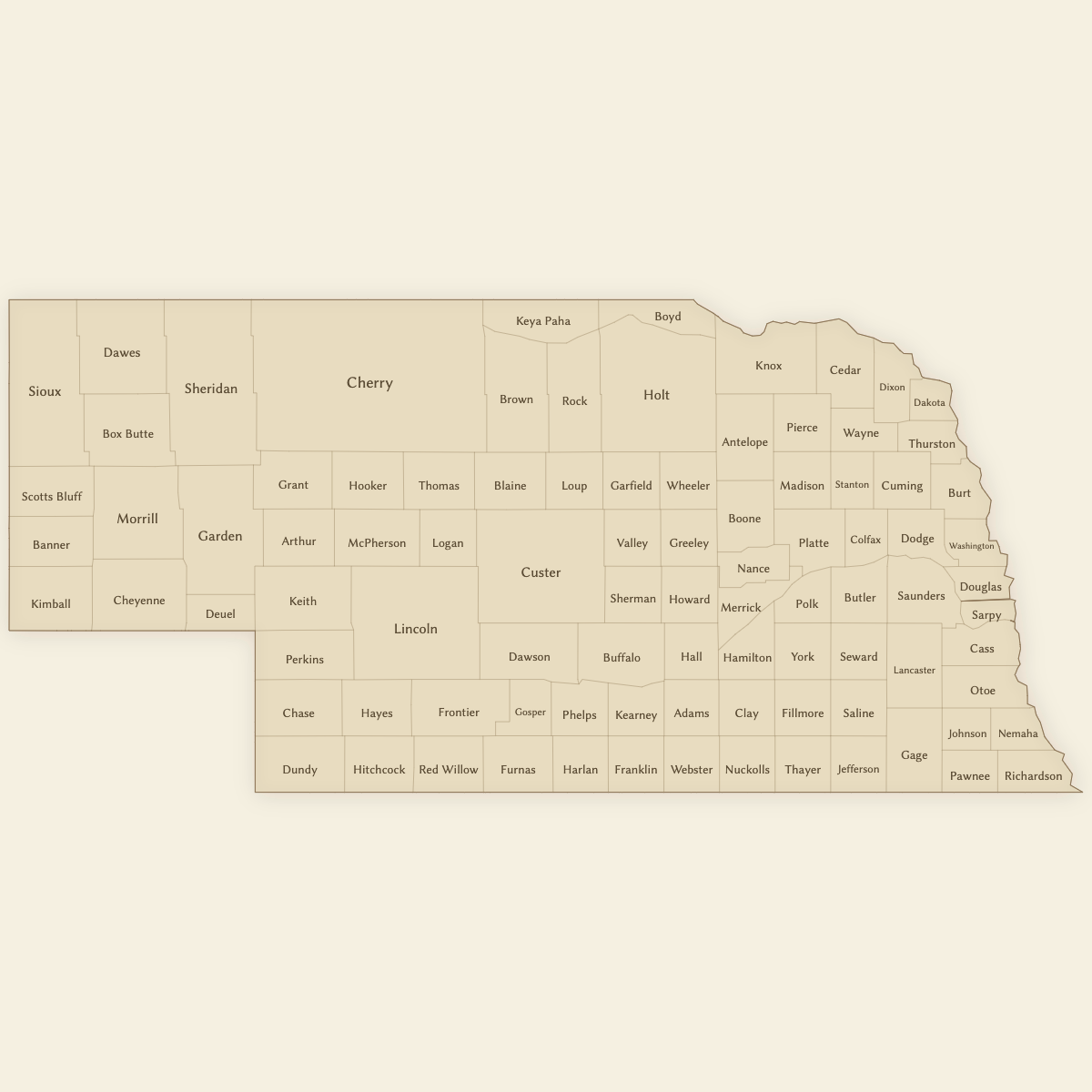 Styled Map of Nebraska Counties (Vintage Theme)