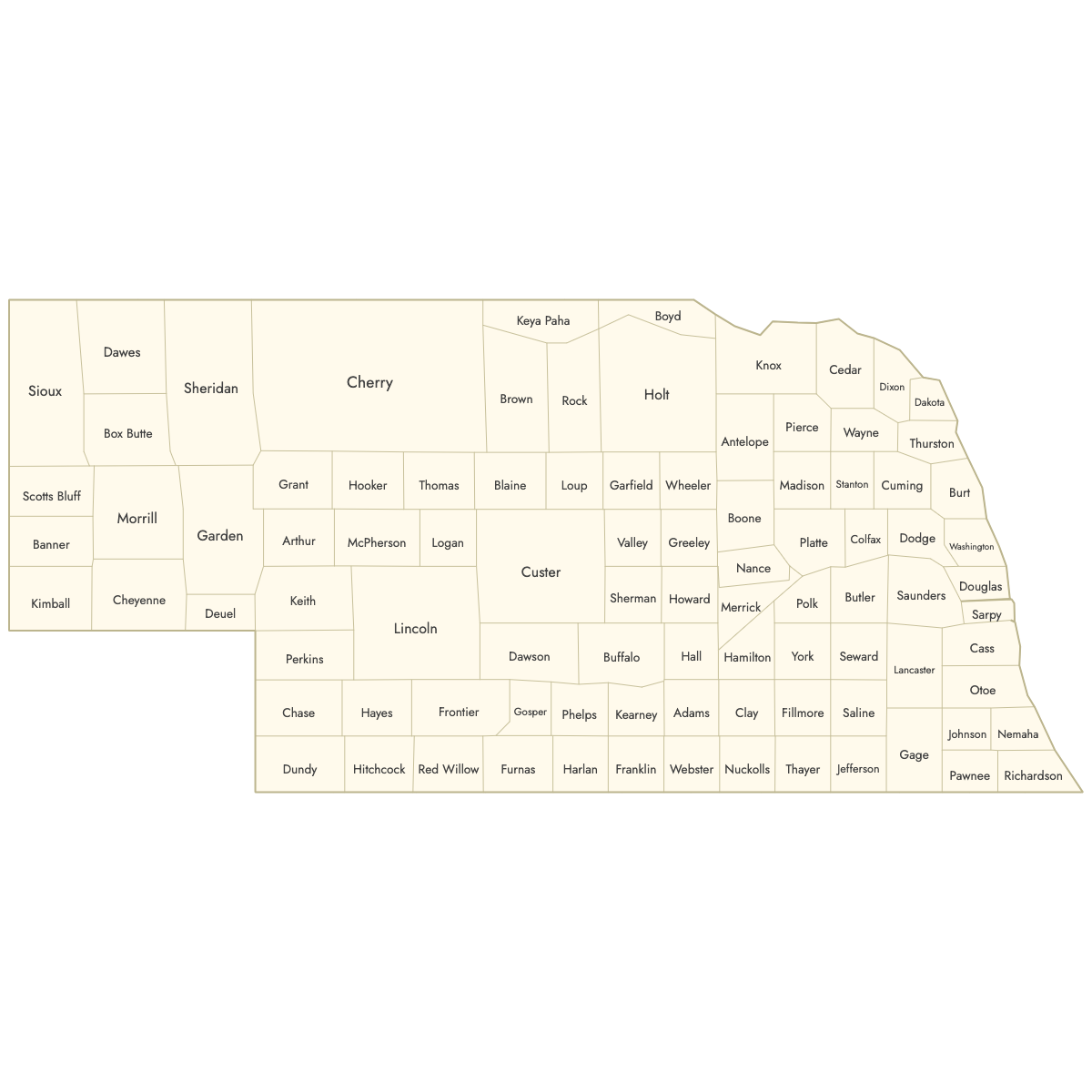 Unstyled Map of Nebraska Counties With Labels