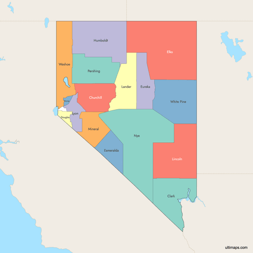 Preview of Colored Map of Nevada Counties with Surrounding Areas