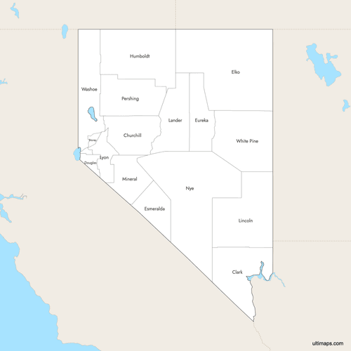 Preview of Labeled Map of Nevada Counties with Surrounding Areas