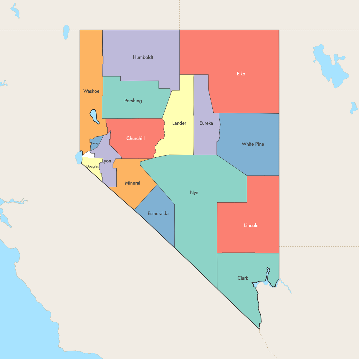 Custom Map of Nevada Counties with Surrounding Areas