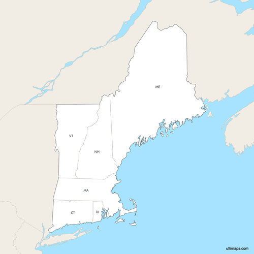 Preview of Labeled Map of New England States with Surrounding Areas