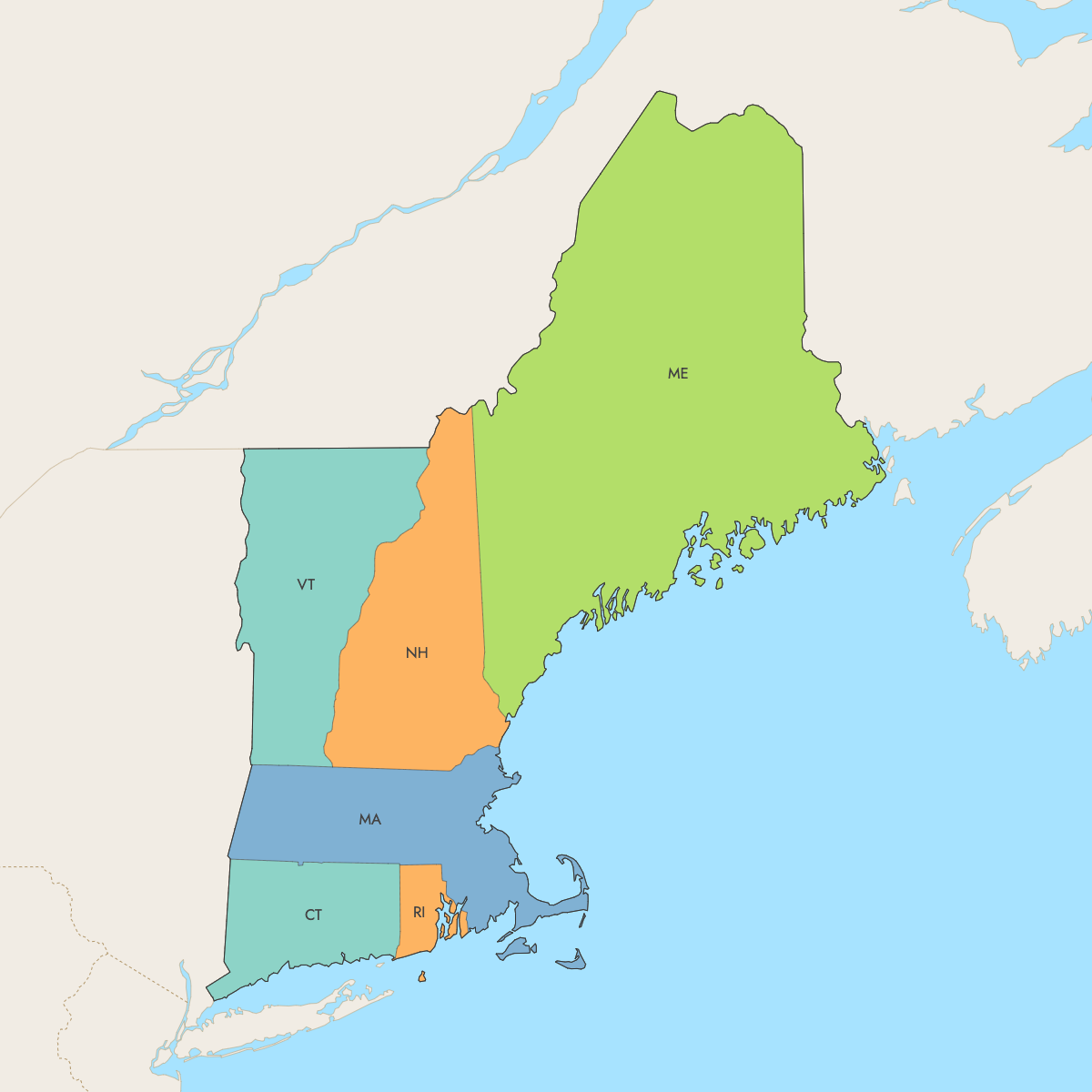 Map of New England States with surrounding areas