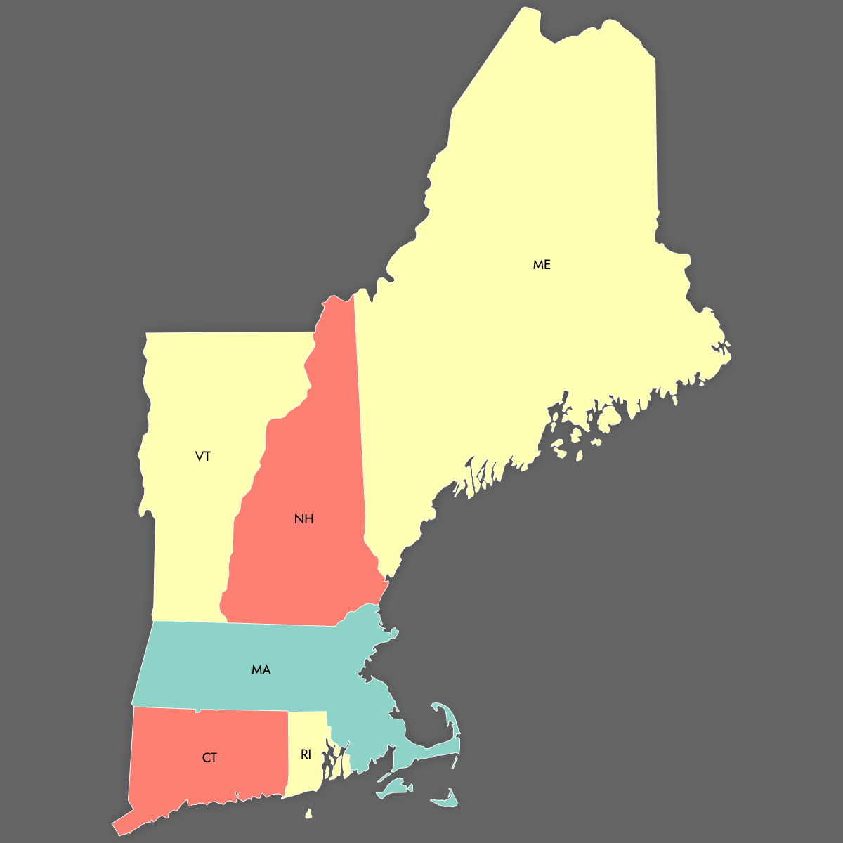Custom Map of New England States with Labels (Dark Theme)