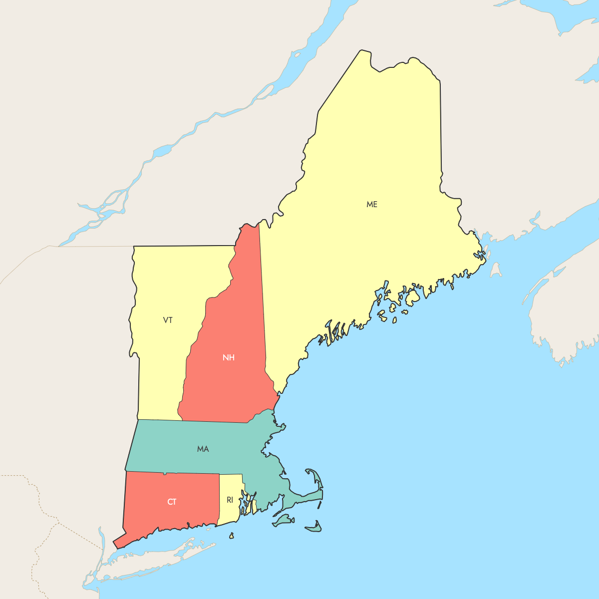 Custom Map of New England States with Surrounding Areas