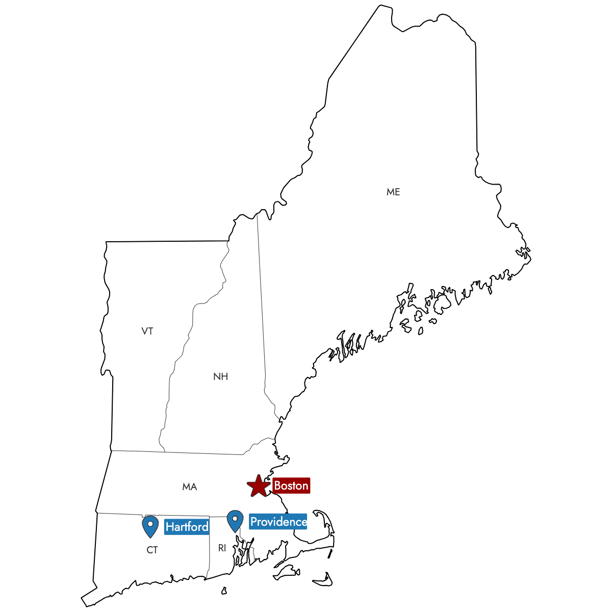 Map of New England States with Pins