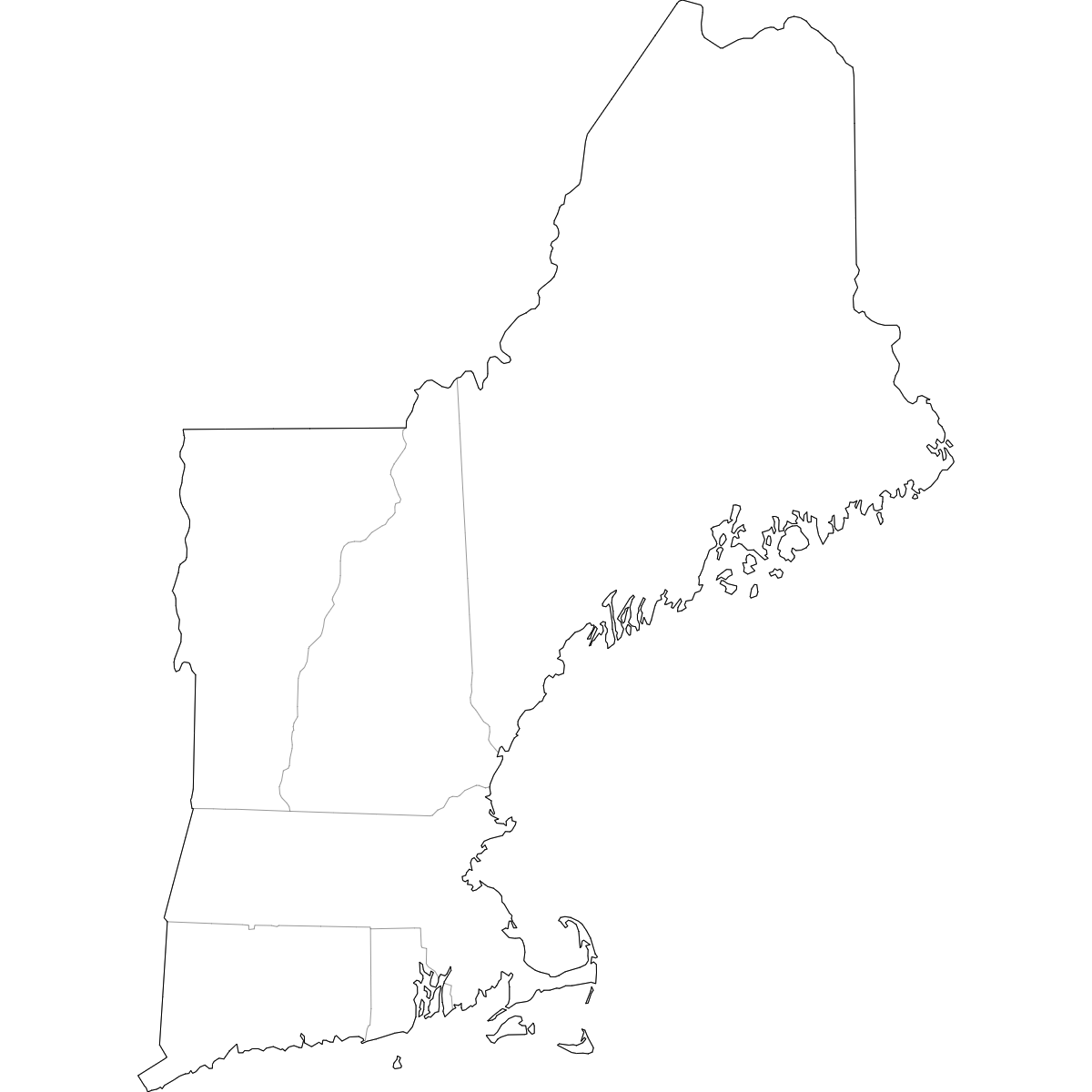 Blank outline map of New England showing state borders