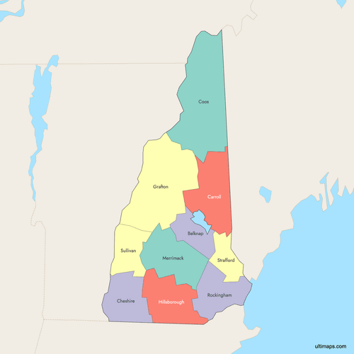 Preview of Colored Map of New Hampshire Counties with Surrounding Areas