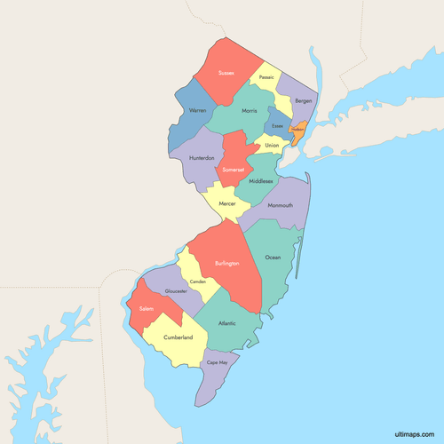 Preview of Colored Map of New Jersey Counties with Surrounding Areas