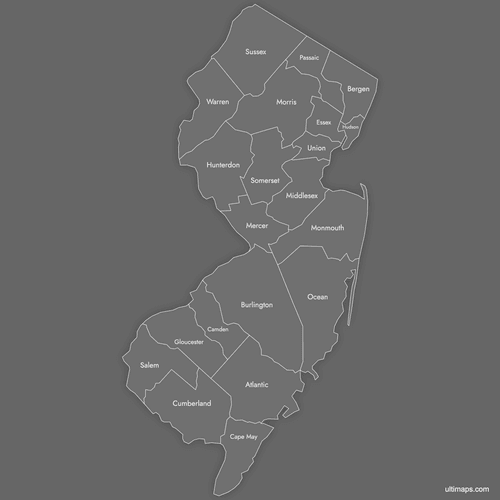 Preview of Labeled Map of New Jersey Counties (Dark)