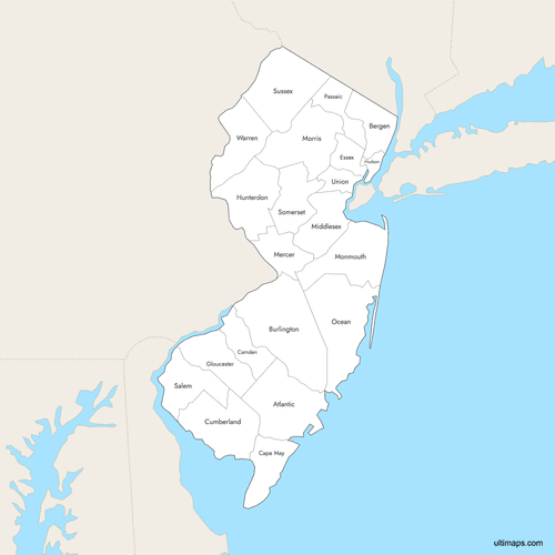 Preview of Labeled Map of New Jersey Counties with Surrounding Areas