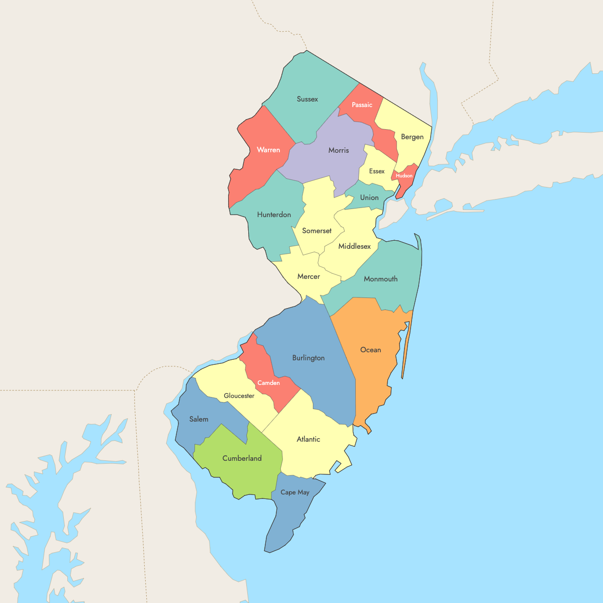 Map of New Jersey Counties with surrounding areas