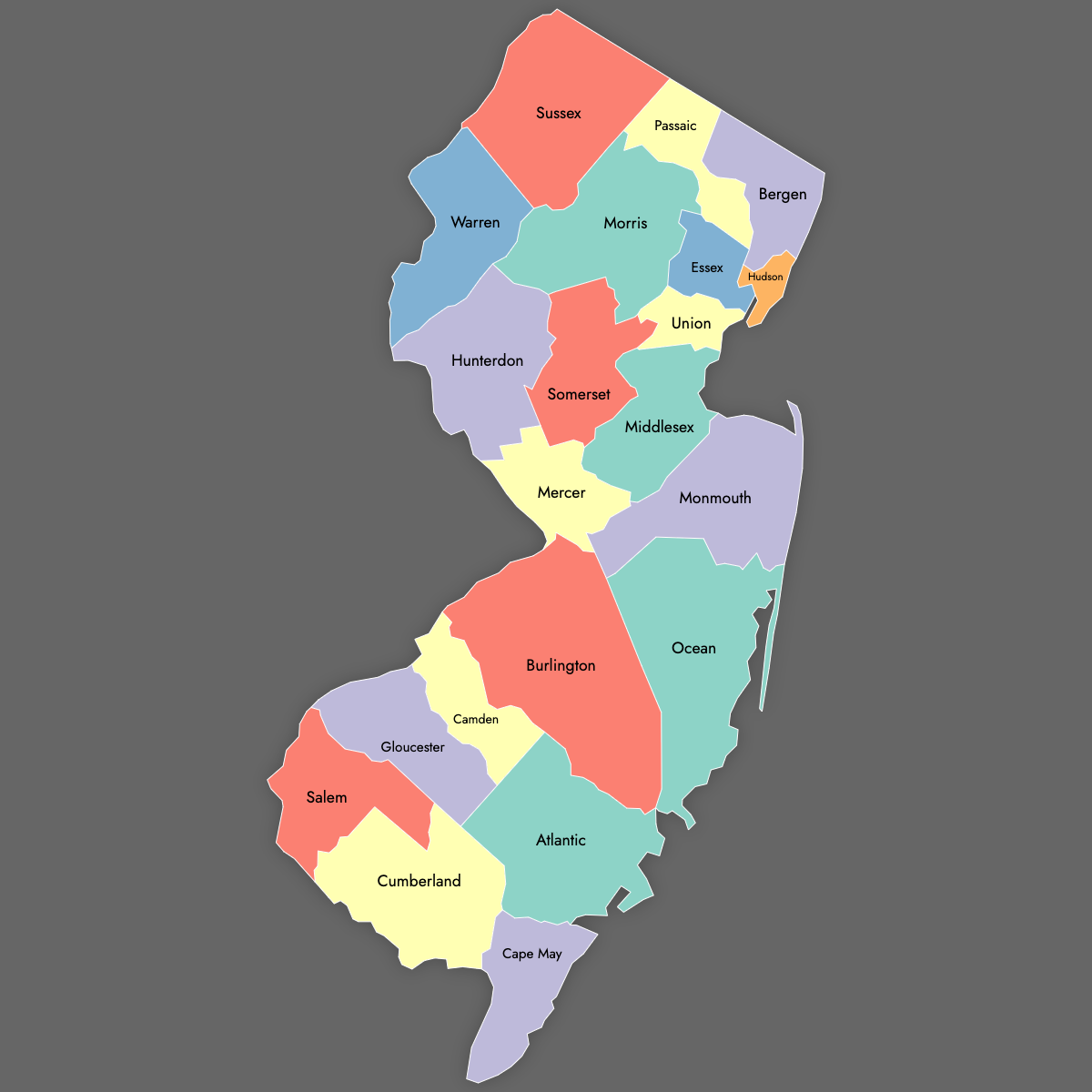 Custom Map of New Jersey Counties with Labels (Dark Theme)