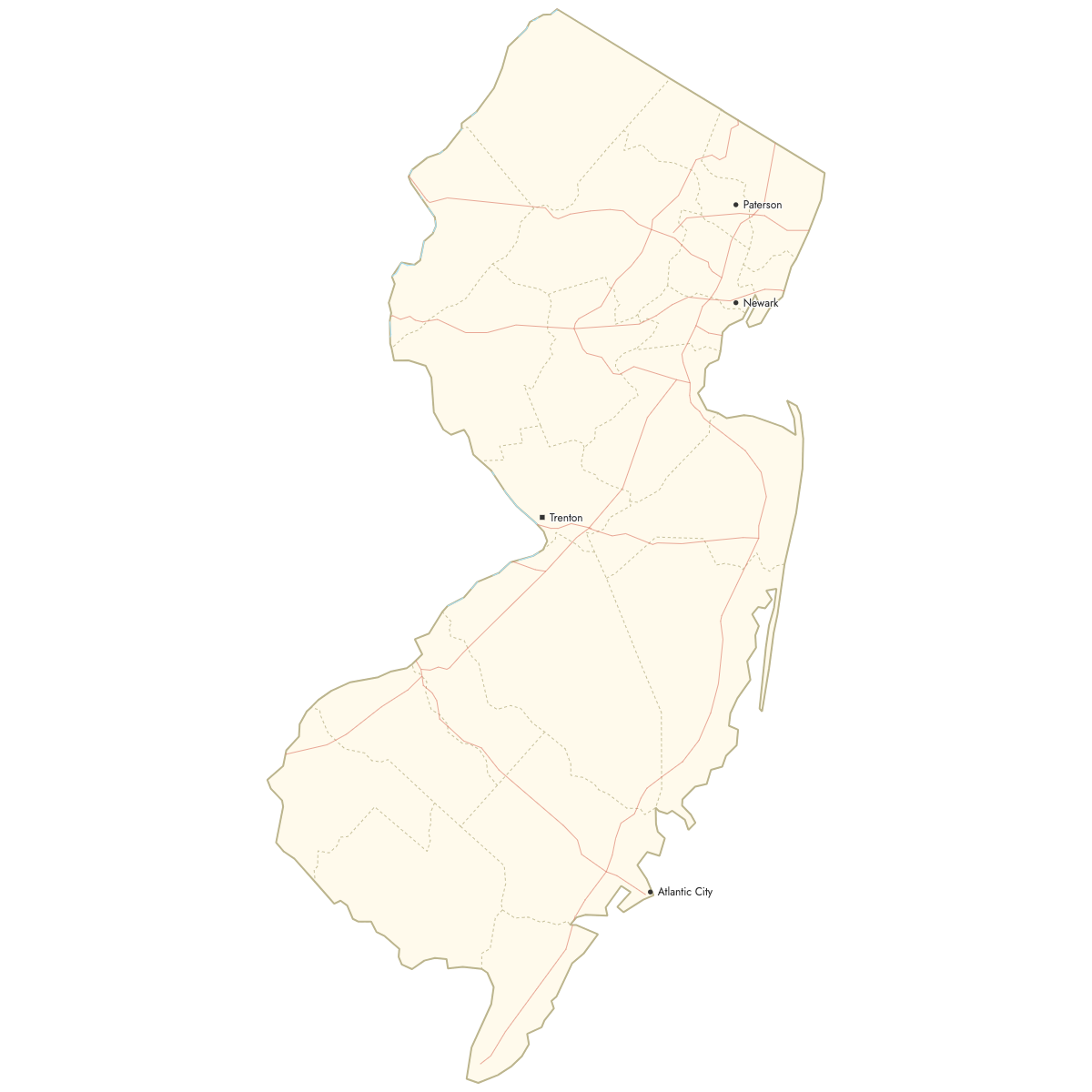 Custom Map of New Jersey Counties with Cities