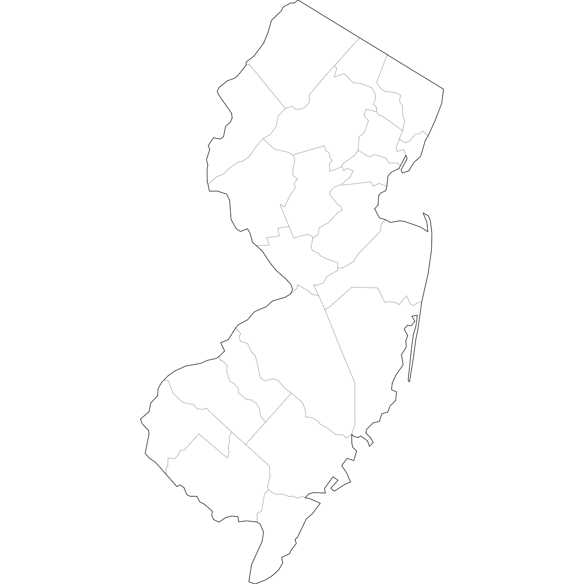 Blank outline map of New Jersey showing county borders