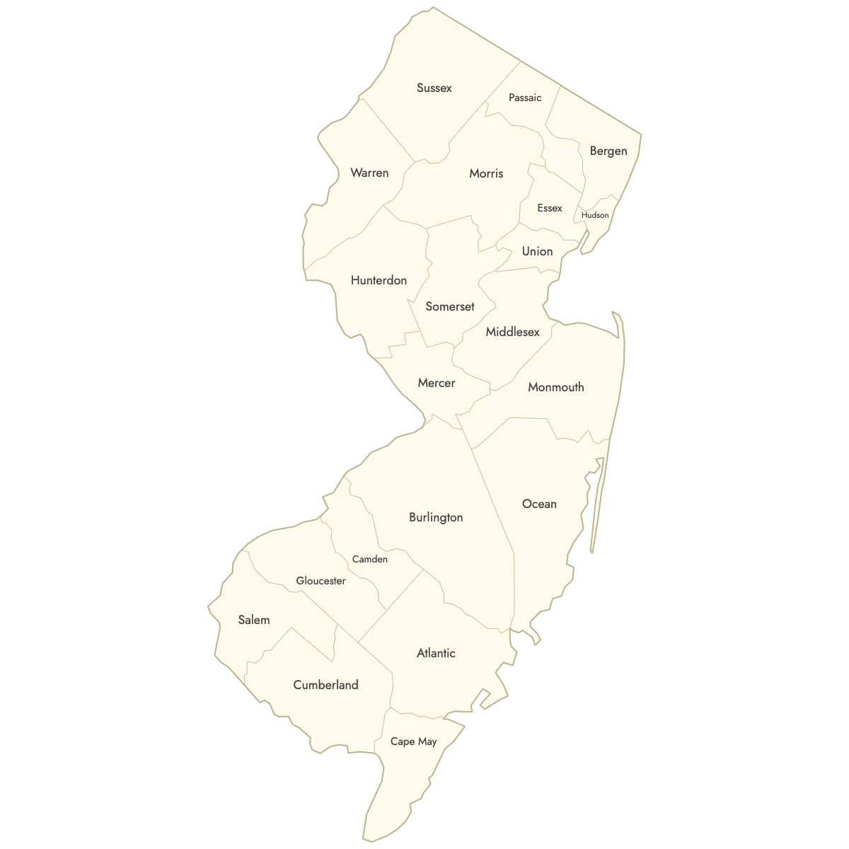 Unstyled Map of New Jersey Counties With Labels