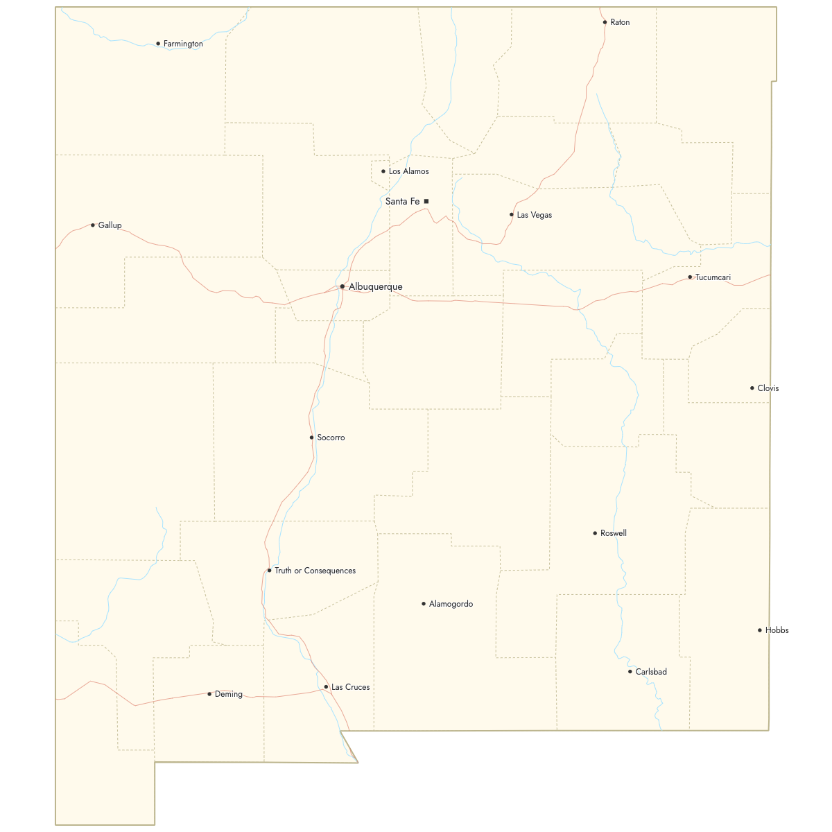Custom Map of New Mexico Counties with Cities