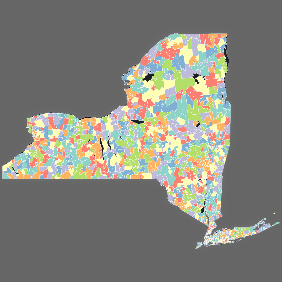 Dark themed map of New York with ZIP Codes