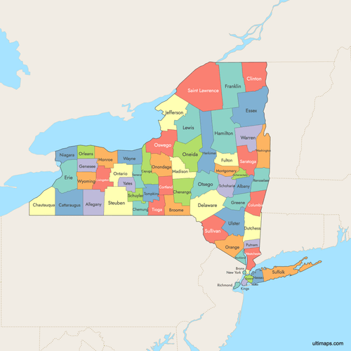 Preview of Colored Map of New York Counties with Surrounding Areas