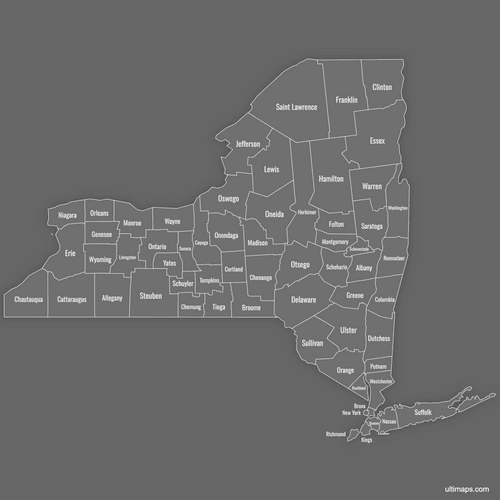 Preview of Labeled Map of New York Counties (Dark)