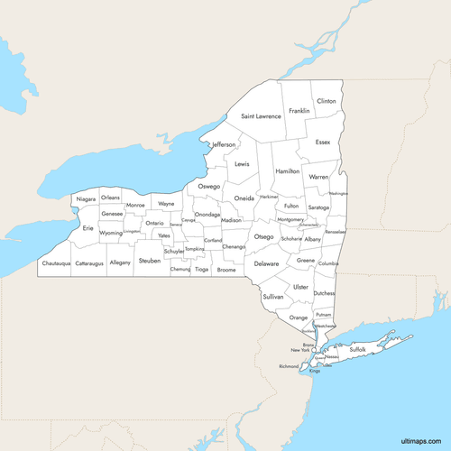 Preview of Labeled Map of New York Counties with Surrounding Areas
