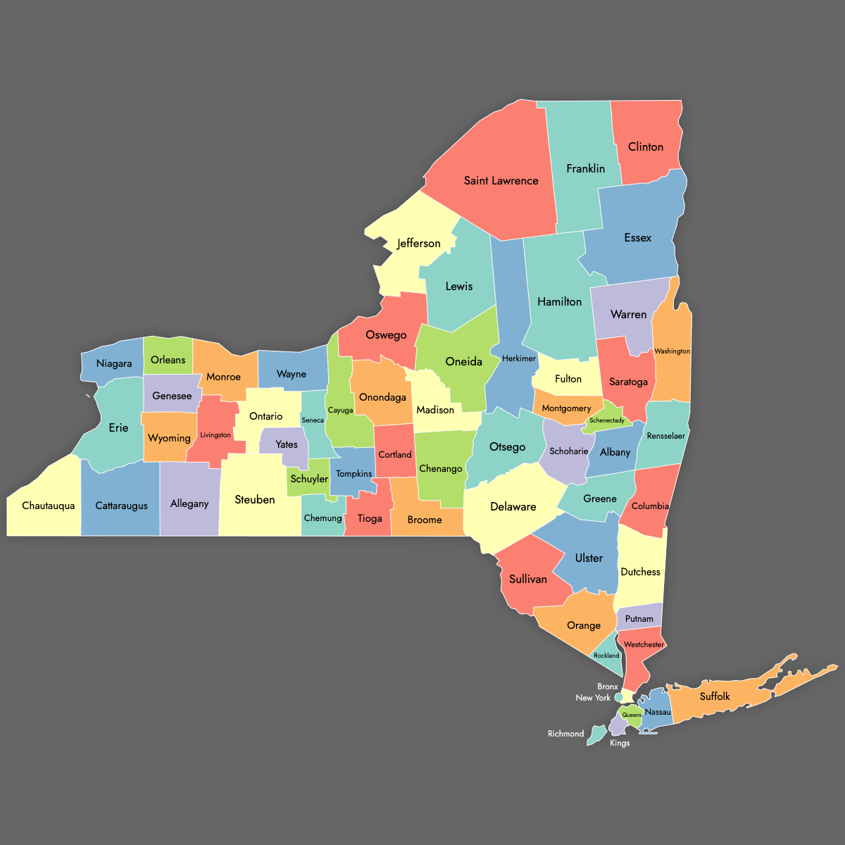 Custom Map of New York Counties with Labels (Dark Theme)