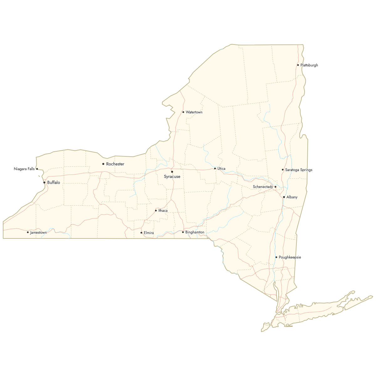 Custom Map of New York Counties with Cities