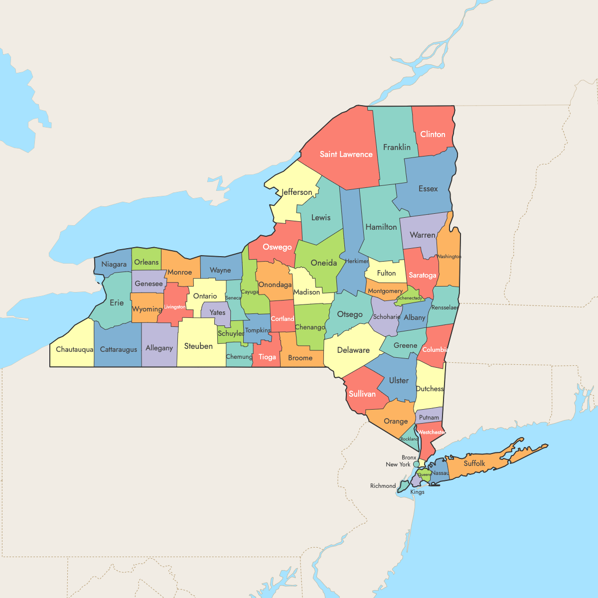 Custom Map of New York Counties with Surrounding Areas