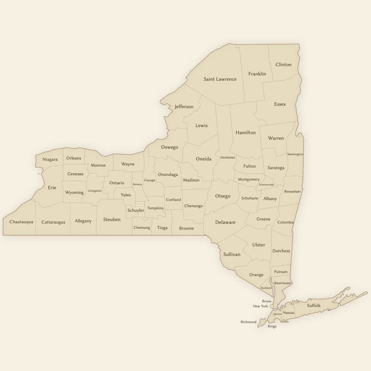 Styled Map of New York Counties (Vintage Theme)