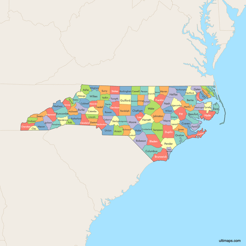 Preview of Colored Map of North Carolina Counties with Surrounding Areas