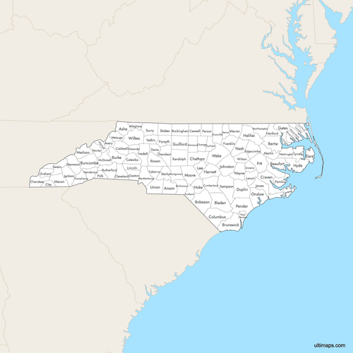 Preview of Labeled Map of North Carolina Counties with Surrounding Areas
