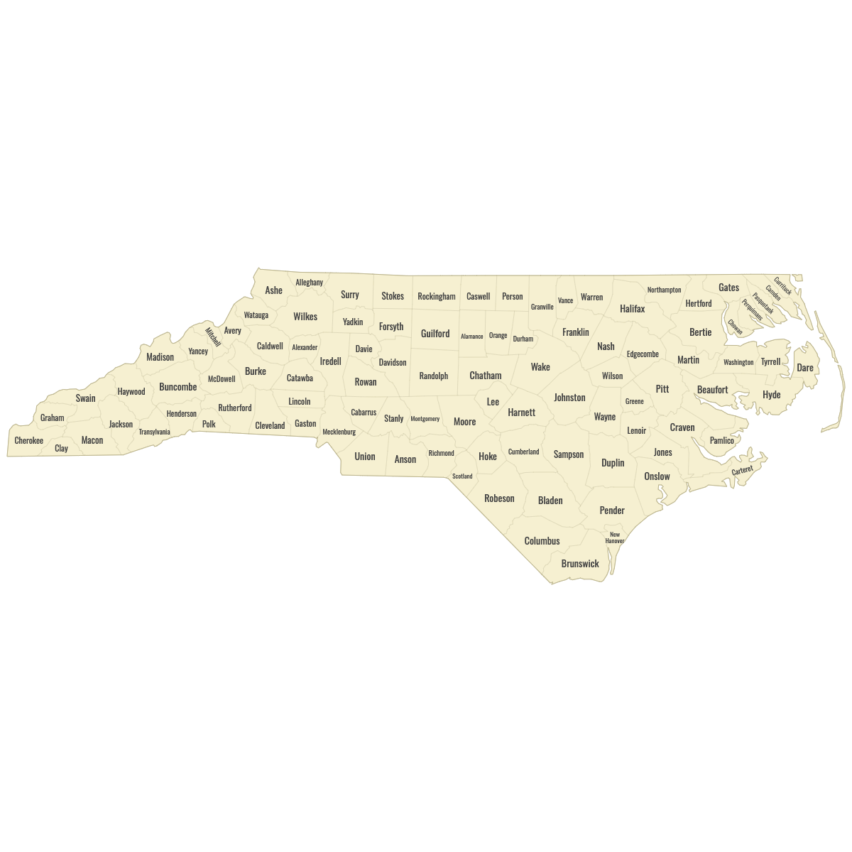 Blank Map of North Carolina Counties With Labels