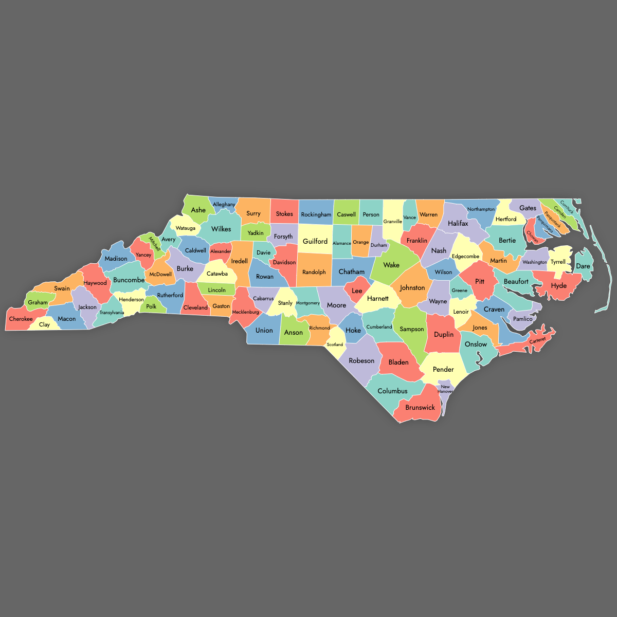 Custom Map of North Carolina Counties with Labels (Dark Theme)