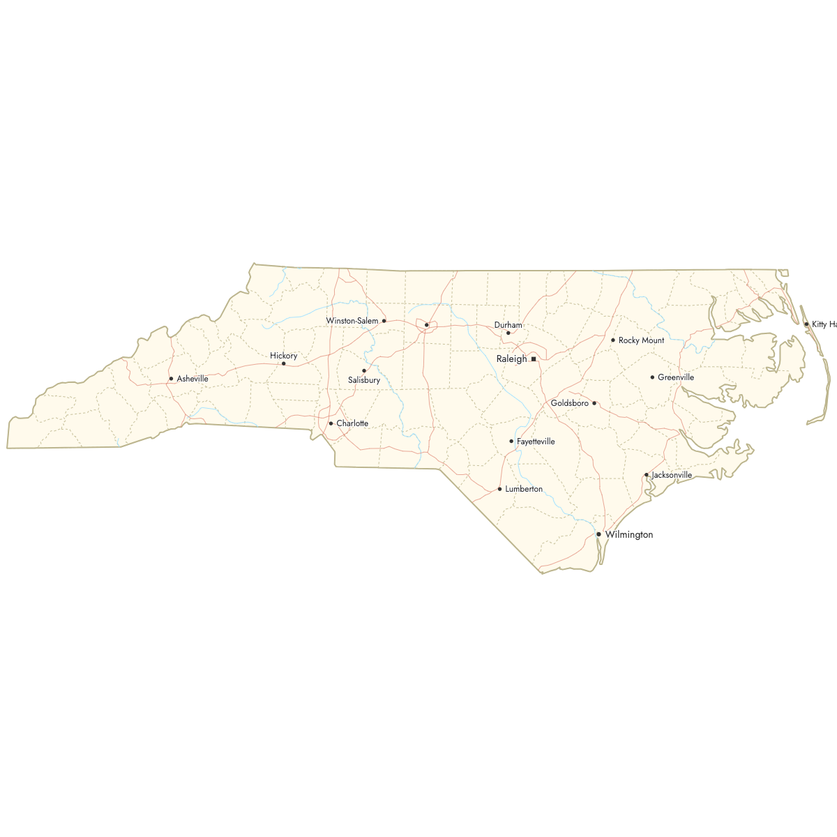 Custom Map of North Carolina Counties with Cities