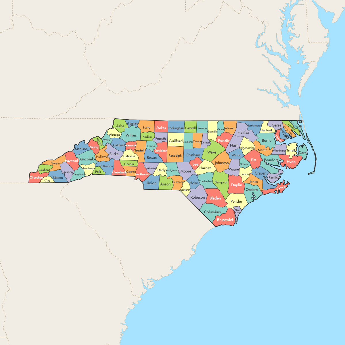 Custom Map of North Carolina Counties with Surrounding Areas