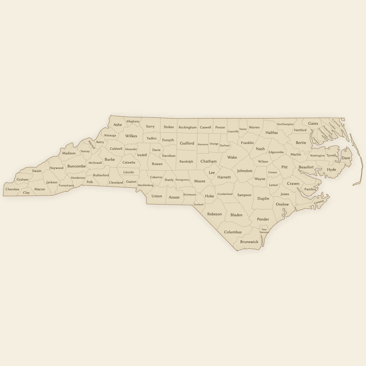 Styled Map of North Carolina Counties (Vintage Theme)