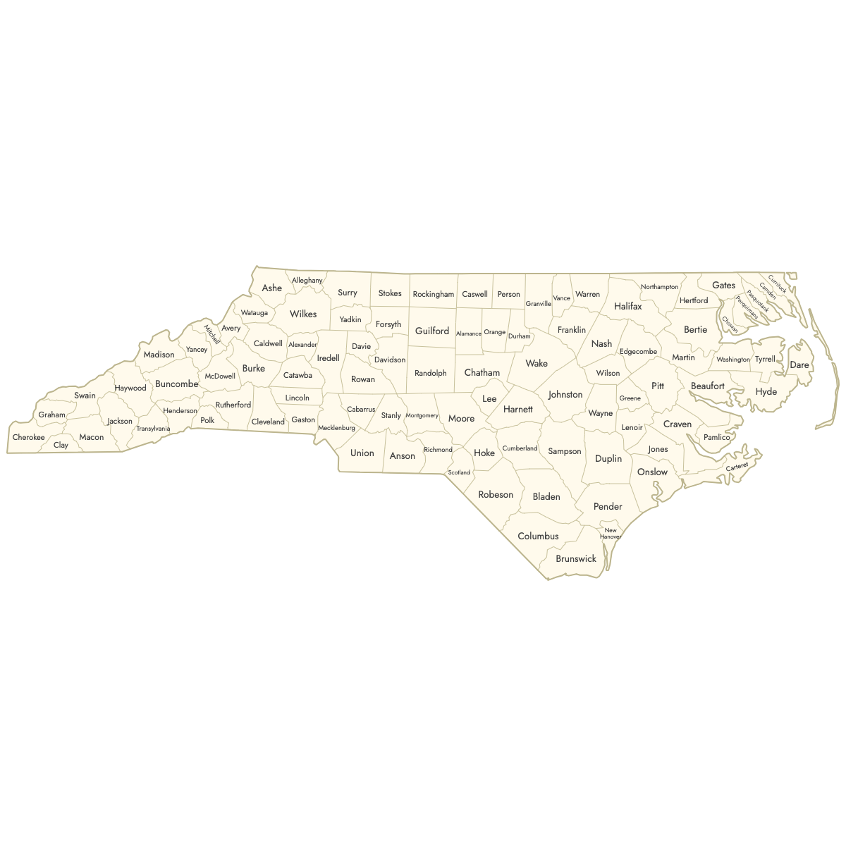 Unstyled Map of North Carolina Counties With Labels