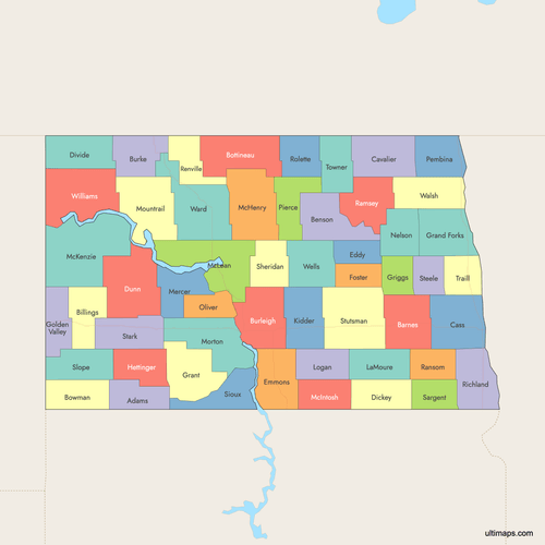 Preview of Colored Map of North Dakota Counties with Surrounding Areas
