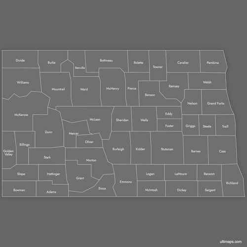 Preview of Labeled Map of North Dakota Counties (Dark)