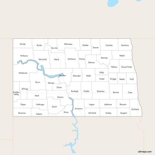 Preview of Labeled Map of North Dakota Counties with Surrounding Areas