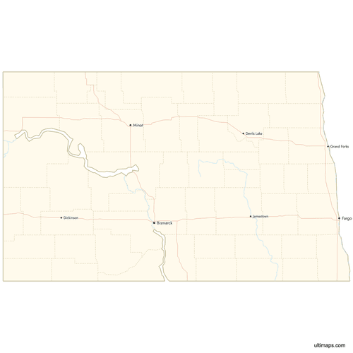 Preview of Map of North Dakota Counties with Cities