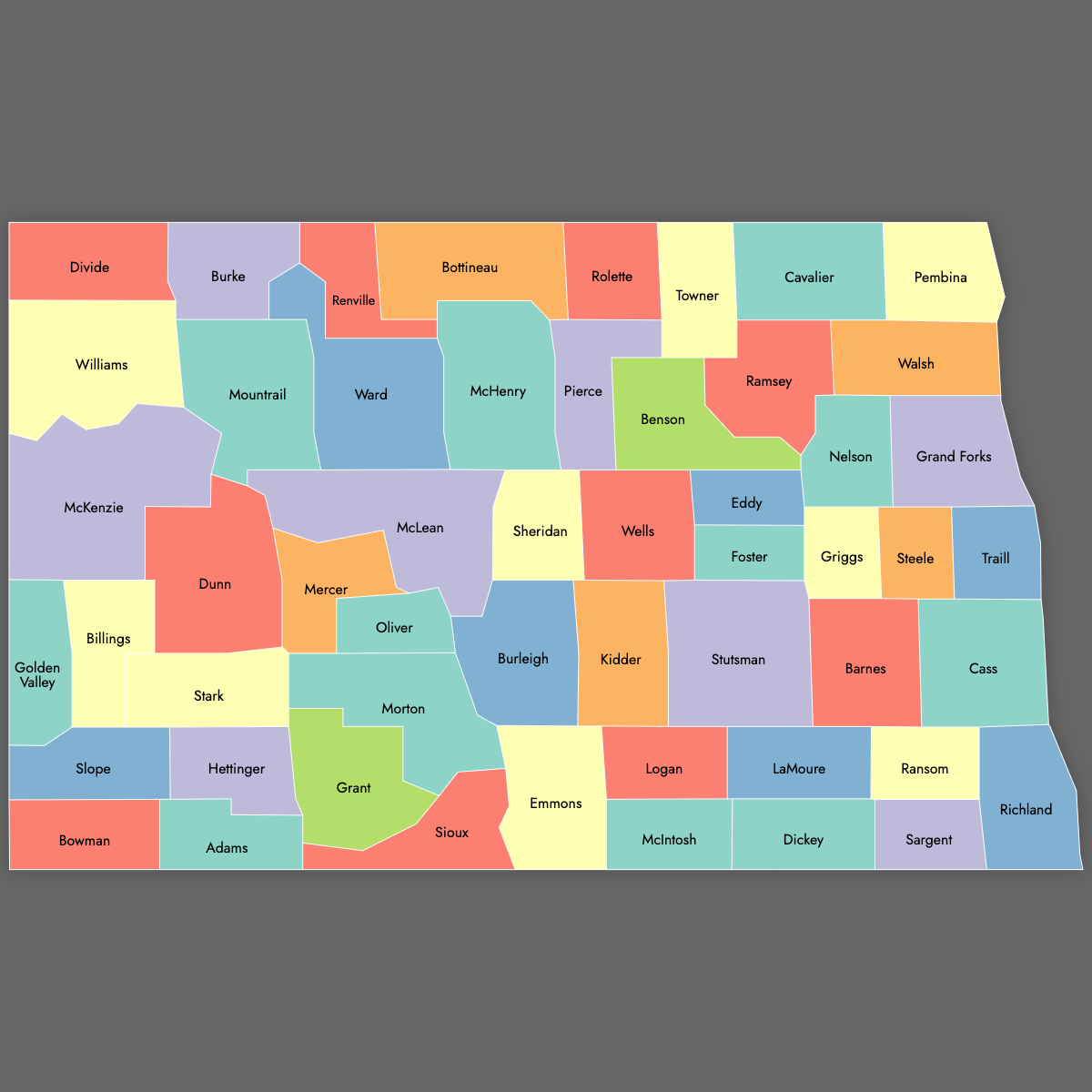 Custom Map of North Dakota Counties with Labels (Dark Theme)