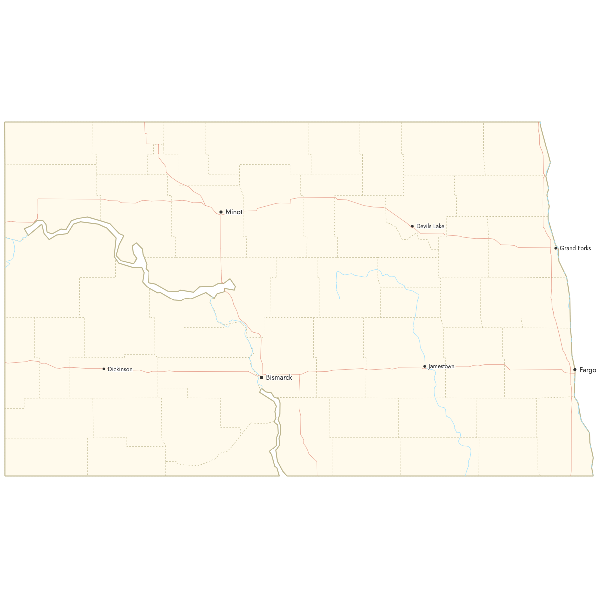 Custom Map of North Dakota Counties with Cities