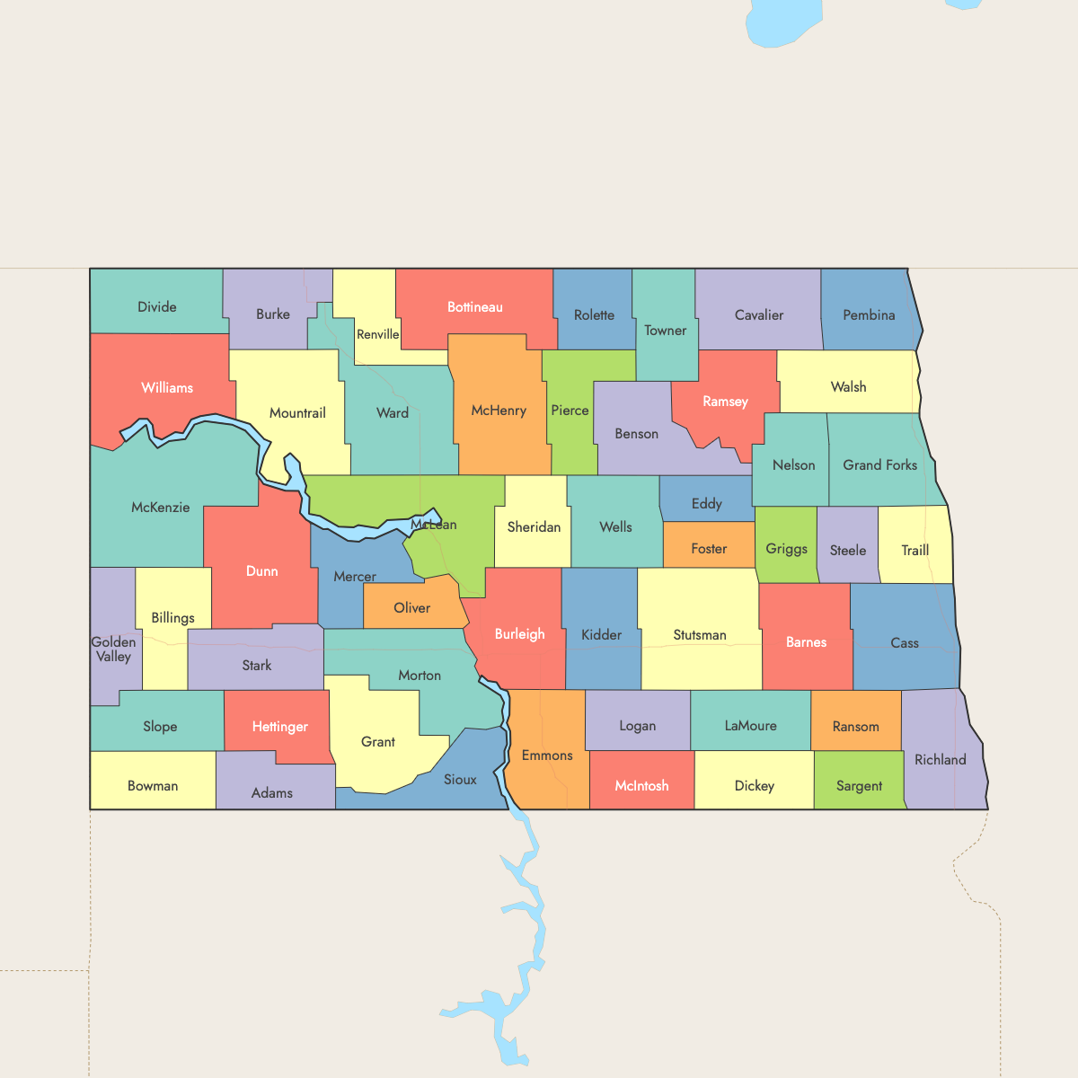 Custom Map of North Dakota Counties with Surrounding Areas