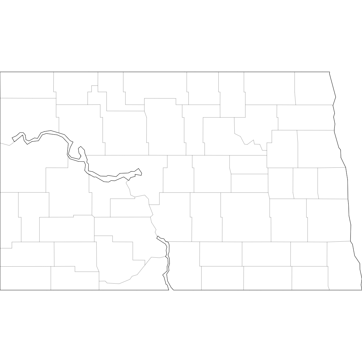 Blank outline map of North Dakota showing county borders