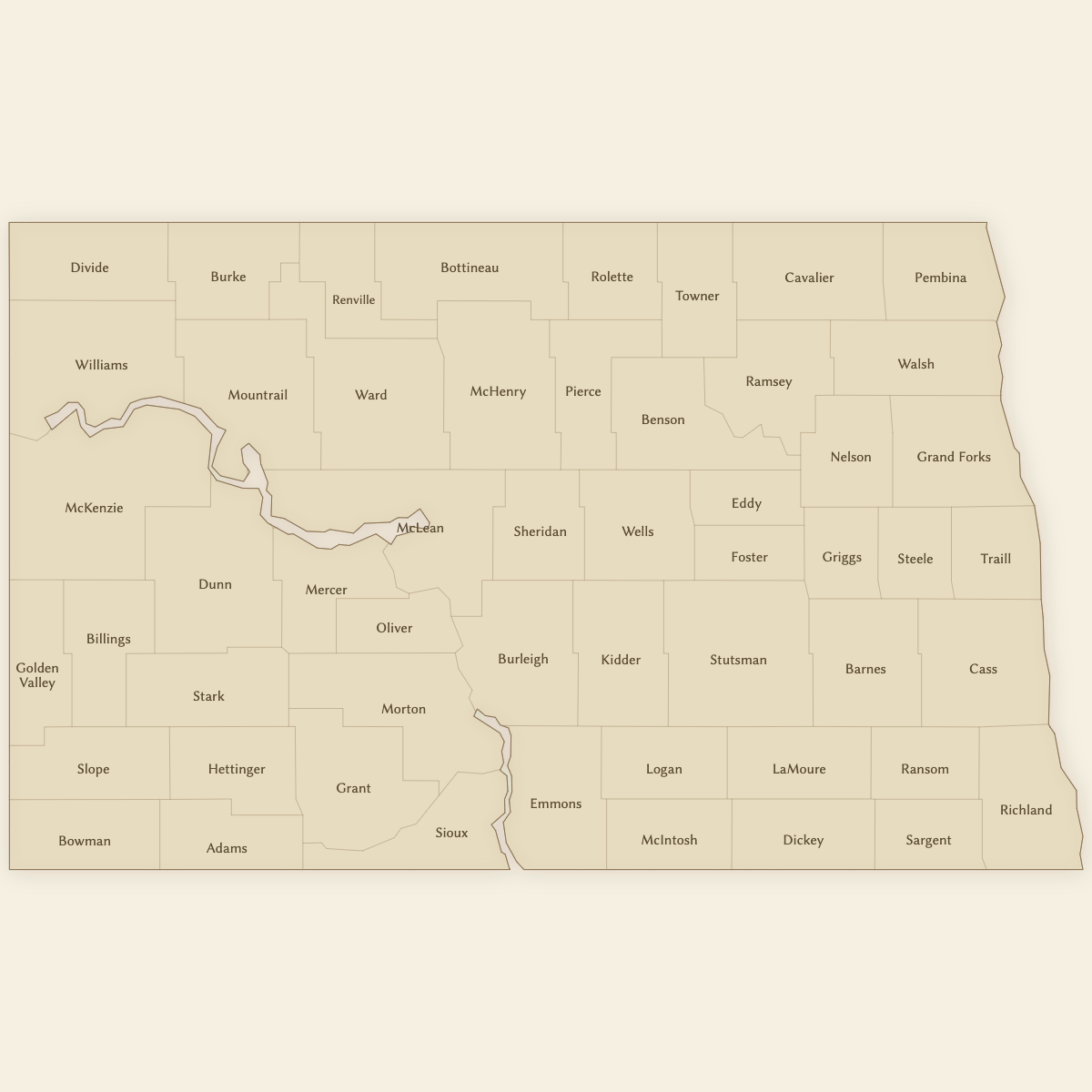 Styled Map of North Dakota Counties (Vintage Theme)