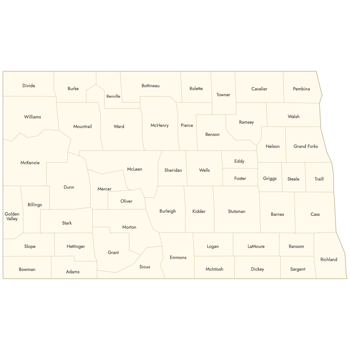 Unstyled Map of North Dakota Counties With Labels
