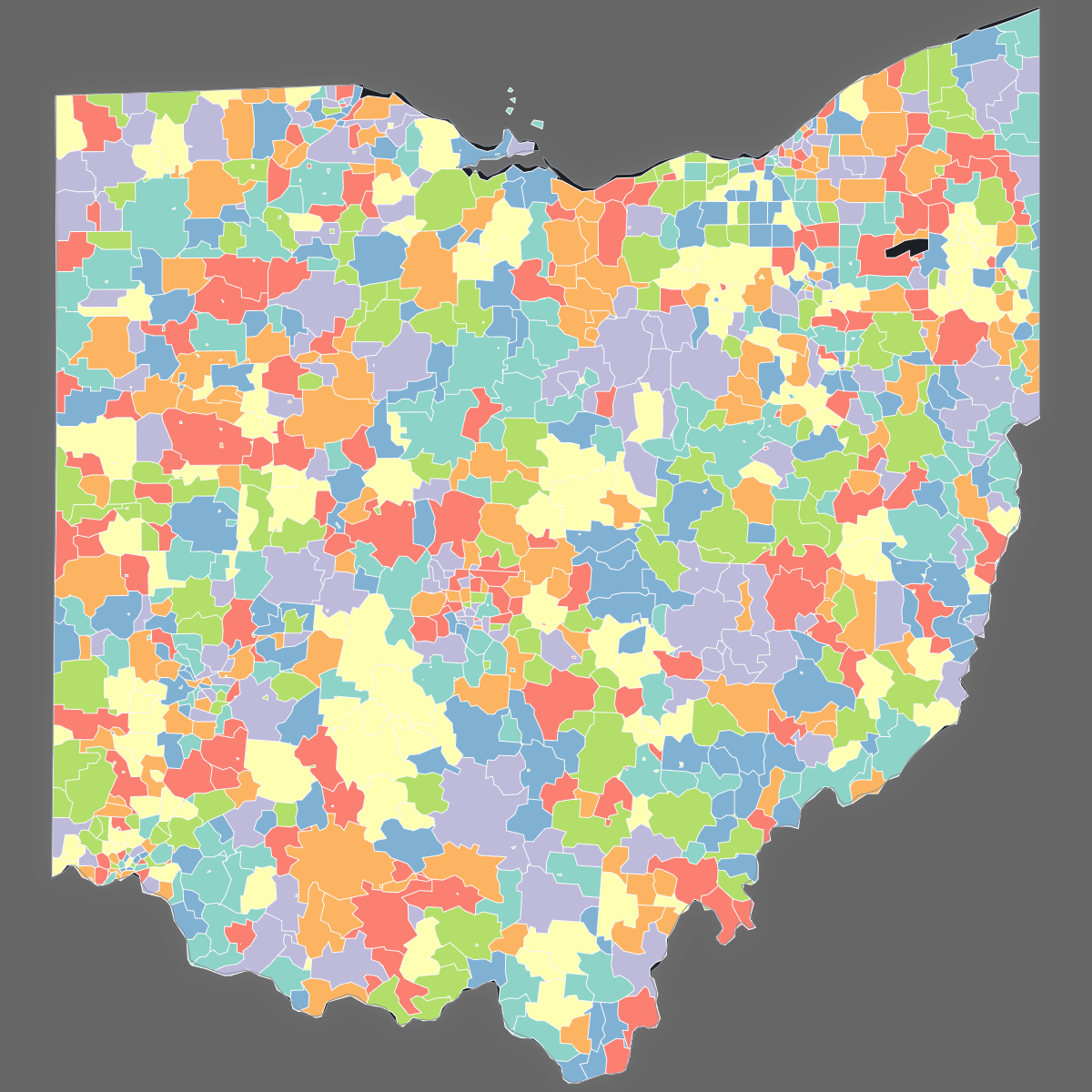 Dark themed map of Ohio with ZIP Codes