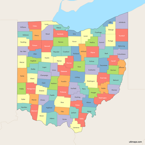 Preview of Colored Map of Ohio Counties with Surrounding Areas
