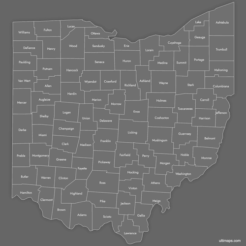 Preview of Labeled Map of Ohio Counties (Dark)